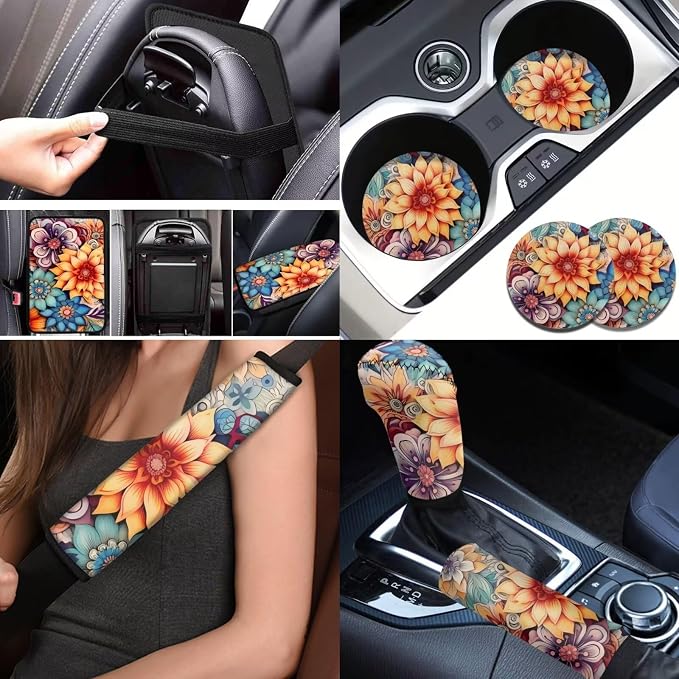 BIGCARJOB 12 Pcs Boho Lotus Car Seat Set Universal Interior Accessories Full Set for Women Car Front Rear Seat Protector,Seat Belt Cover,Armrest Pads,Cup Holder Coaster