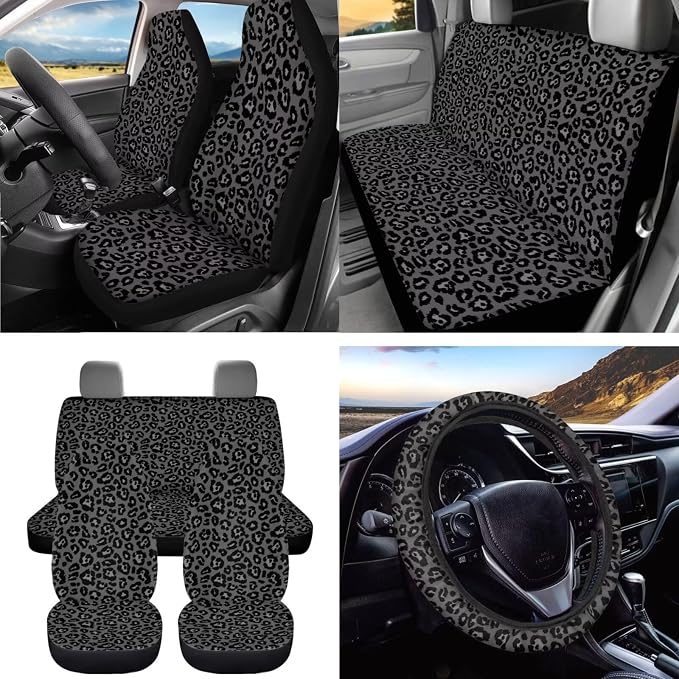 Dreaweet Black Leopard Print Car Seat Covers Full Set for Women,Cheetah Steering Wheel Cover Seat Belt Cover Pad Cup Car Coasters Trash Bag Vent Storage Bag Rearview Mirror Cover Keychain,15 Pcs Set