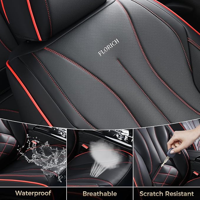 FLORICH Leather Seat Cover, Car Seat Covers Front Set, Waterproof Car Seat Protectors, Front Seat Covers 2 Pack, Automotive Seat Covers Protector Fit for Most Cars Trucks SUV - Black&Redline