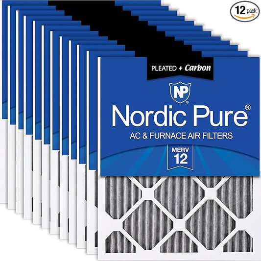 Nordic Pure 10x20x1 (Actual Size: 9 1/2 x 19 1/2 x 3/4) Furnace Air Filters MERV 12 Pleated Plus Carbon 12 Pack