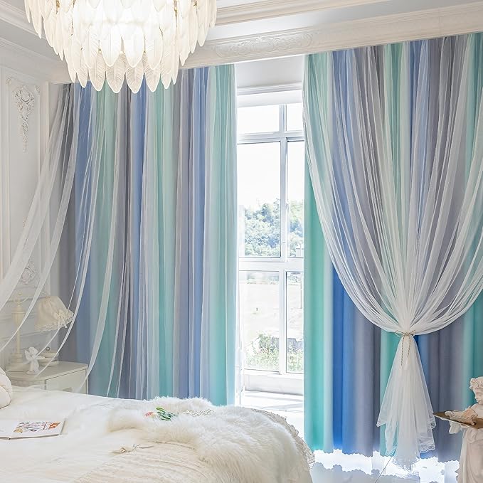 XiDi 100% Blackout Curtains for Girls Bedroom Living Room 96 Inch Length 2 Panels Kids Rainbow Blue Green Grey Mix & Match Double Layer Curtains with Sheer Overlay Grommet Window Drapes 34W x 96L