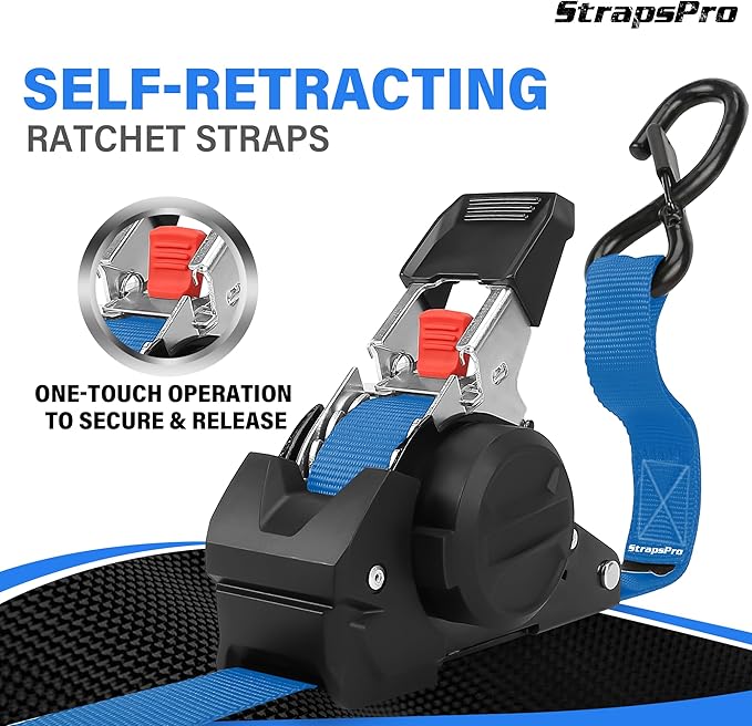Retractable Ratchet Straps, 1763lb Break Strength Blue Self Retracting Ratchet Straps Heavy Duty with Soft Loops, 1'' x 10FT Auto Tie Down Straps Easy Retract for Motorcycle, Truck, Cargo, 2 Pack