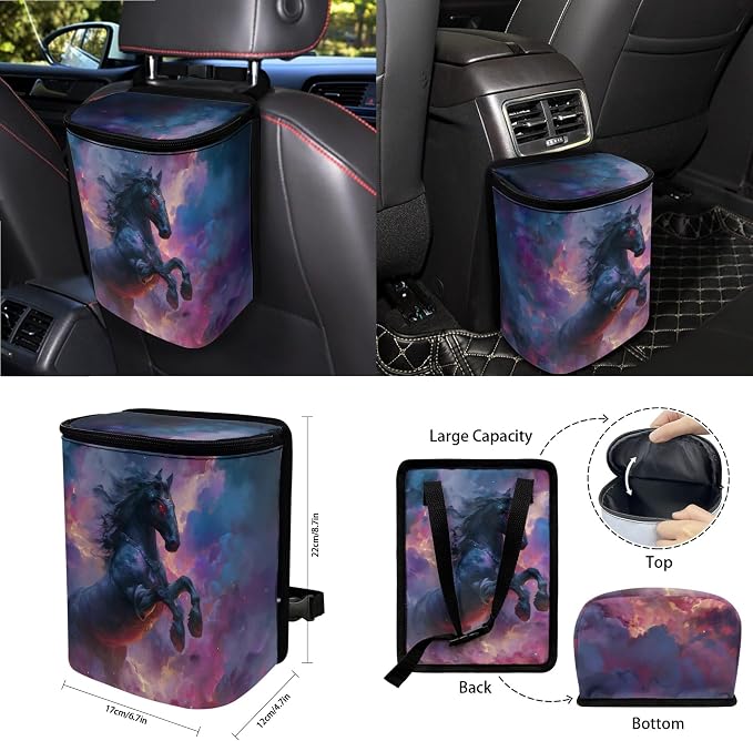 Horse Clouds Print Car Accessories Full Set of 15 Car Seat Covers Steering Wheel Cover Air Vent Storage Holder Seatbelt Strap Pad Cup Coasters Rear View Mirror Cover Keychain