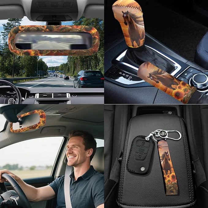 Horse Sunflower Car Accessories Full Set 18 Pcs Brown Horse Car Seat Covers Full Set Steering Wheel Car Covers Seat Belt Pads Cover Vehicle Trash Bag Armrest Box Pad Universal Fit