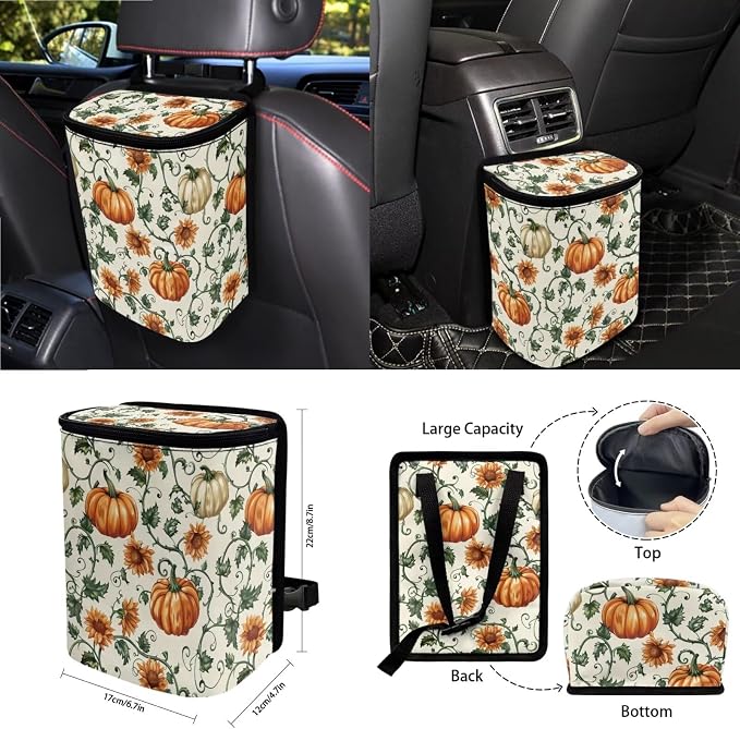 Pumpkin Sunflower Print Full Set Car Seat Cover, Steering Wheel Cover, Seat Belt Pad, Trash Can, Keychain, Coasters, 15pcs Car Interior Thanksgiving Decoration