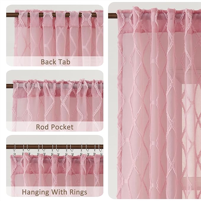 Extra Long Pink Sheer Curtains 120 Inches for Nursery Girls Bedroom 2 Panels Light Filtering Semi-Sheer Curtain for Kids Protect Privacy Home Decor Rod Pocket Geometric Pattern Pom Pom Drapes 52x120