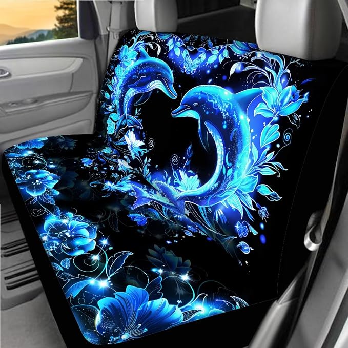 Neon Dolphin Car Seat Covers Full Sets of 18 Pack Blue Dolphin Car Interior Accessories Set with Soft Car Seat Belt Pads Cover Car Headrest Covers Steering Wheel Car Covers Coasters Washable