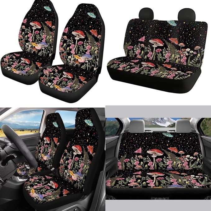 Mumeson Mushrooms Car Front Seat and Rear Bench Covers Car Seat Covers Set with 15 Inches Steering Wheel Cover Shoulder Cushion 15 Inches Steering Wheel Covers Armrest Cushion Pad