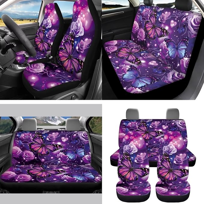 15 Pcs Purple Butterfly Auto Interior Accessories Car Seat Covers with Auto Steering Wheel Cover Seat Belt Covers Car Trash Can View Mirror Cover Coaster Keychains