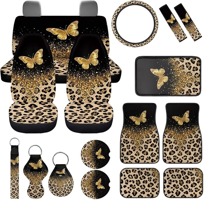Leopard Print Car Seat Covers 17 Pack,Gold Butterfly Car Accessories Full Sets with Car Mats Full Set,Steering Wheel Cover,Seat Belt Cover,Funda para Volante De Carro Auto Interior for Women