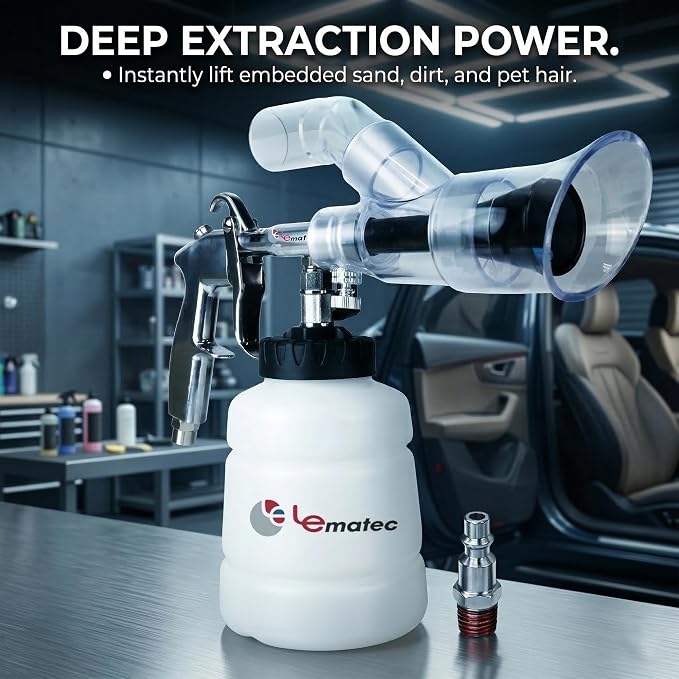 LE LEMATEC Air Tornador Car Detailing Gun & Upholstery Extractor Kit | Interior carpet vent cleaner, foam bottle, vacuum attachment, 3000 RPM, 90 PSI, 1/4" NPT compressor