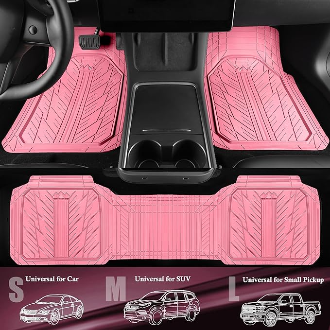 CAR PASS Floor Mats for Cars M-L Size, Heavy Duty Rubber Floor Mats with Trunk Cargo Liner, Universal Trim-to Fit Automotive Floor mats for Truck Van SUV Waterproof All Weather Car Mats All Pink
