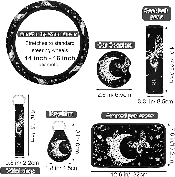 15 Pcs Full Car Seat Covers Set Car Accessories Seat Covers Steering Wheel Cover Belt Pads Armrest Pad Cup Holders Keychains for Most Truck SUV(Moon)