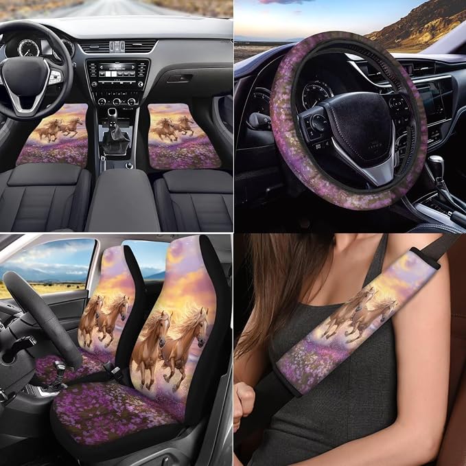 Purple Flower Horse 17 Pcs Car Accessories Seat Covers Full Set Steering Wheel Cover Floor Mats Center Console Pad Cup Holders Seat Belt Pads for Women Men Car Interior Decor