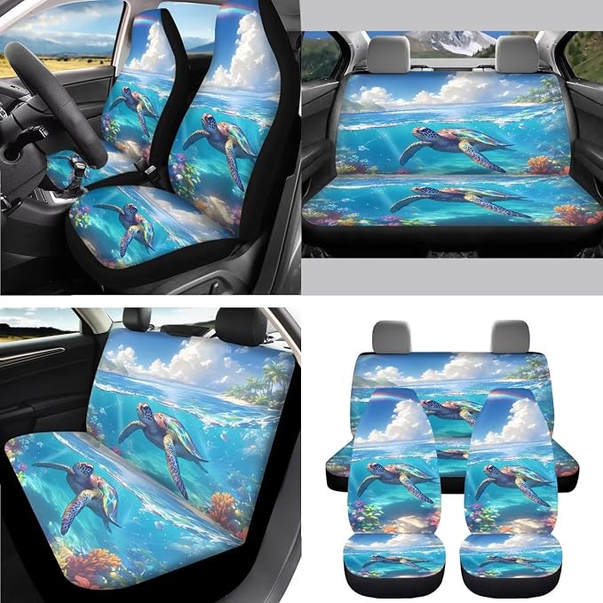 AFPANQZ Blue 3D Turtle Car Seat Covers Full Set of 11 Seat Accessories Protector Hand Brake Gear Shift Knob Cover, Seat Belt Pads, Steering Wheel Cover Universal Fit Car Truck SUV