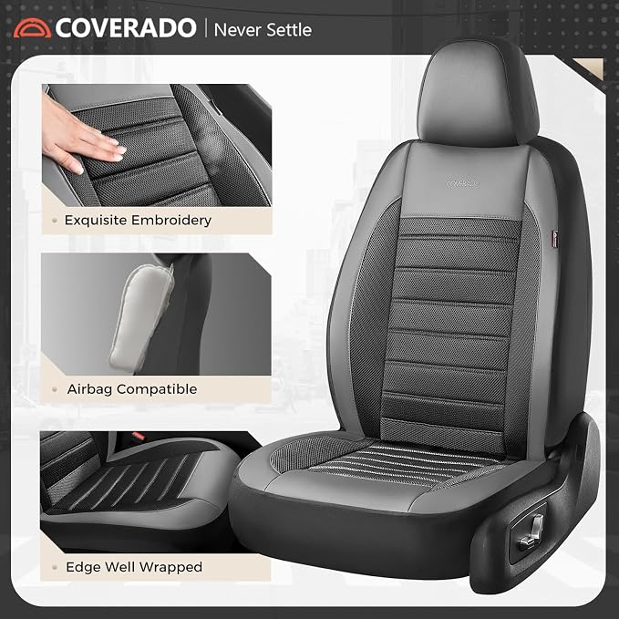 Coverado Car Seat Covers Front Seats, Luxury Leather Car Seat Covers, Automotive Mesh Seat Covers 2 Pack, Airbag-Compatible, Black Gray Seat Covers for SUV Sedan Truck