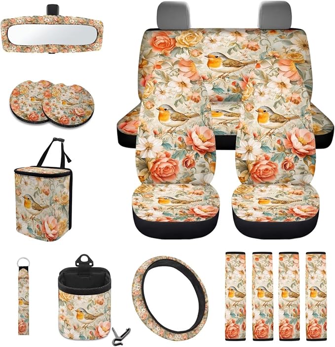 Robin Bird Peony Flower Pattern 15 Pieces Car Accessories with Car Seat Cover Steering Wheel Cushion Seat Belt Pad Keychain Cup Coasters Air Vent Bag Trash Can and Mirror Cover