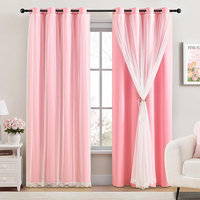 XiDi Pink Blackout Curtains with Sheer Overlay for Girls Kids Bedroom 96 Inches Long Princess Nursery Pink Lace Double Layer Curtains Thermal Insulated Room Darkening Grommet Drapes 2 Panels W34xL96