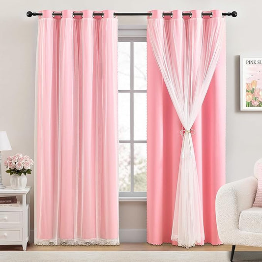 XiDi 100% Blackout Pink Girls Curtains for Bedroom 63 Inches Long 2 Panels Nursery Curtains with Sheer Overlay Kids Princess Room Decor Soundproof Light Blokc Grommet Window Drapes Pink 52W x 63L