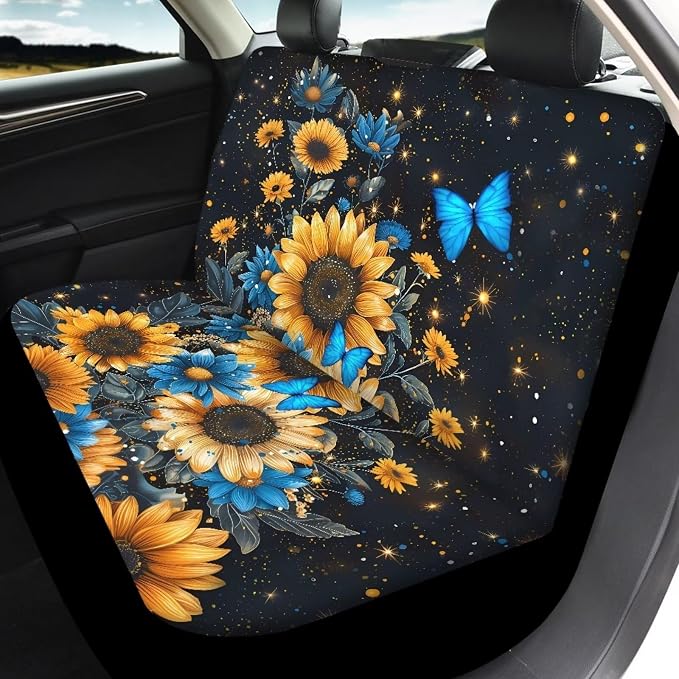 BIGCARJOB Sunflower Car Seat Cover Full Set of 12 Pcs Blue Butterfly Car Interior Accessories Set with Armrest Cover,Cup Holder,Steering Wheel Covers,Seat Belt Pads
