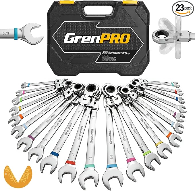 GRENPRO 23PCS Flex-Head Ratcheting Wrench Set, Combination Ratchet Wrenches Set Metric and Standard & SAE with Organizer Box, 6-18mm & 1/4" to 3/4" with Color Ring, CRV Socket Mechanic Tools Sets