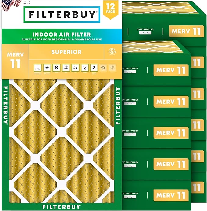 Filterbuy 12x20x4 Air Filter MERV 11 Superior Pet & Allergy Defense (12-Pack), Electrostatic Pleated HVAC AC Furnace Filters Replacement (Actual Size: 11.50 x 19.50 x 3.63)