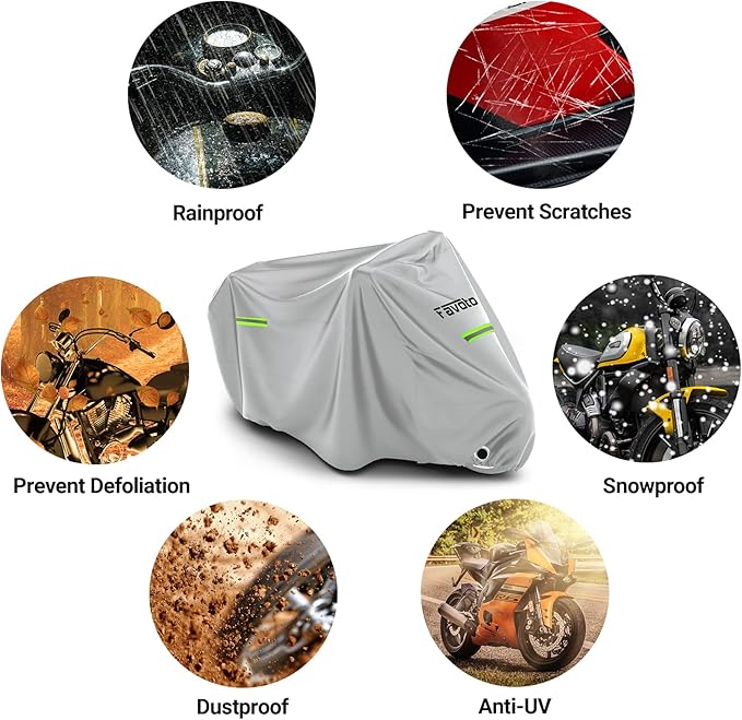 Favoto Motorcycle Cover Waterproof Outoor - Universal Heavy Duty Oxford Fabric Night Reflective with Lock-Hole Windproof Buckles Storage Bag Rain Dust Sun Protection Silver, 86.6 inch