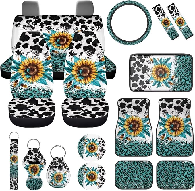 Cow Print Car Accessories Full Set for Women Man,17Pcs Sunflower Car Seat Covers Sets with Front and Split Rear Bench,Auto Front Rear Foot Carpet,Auto Seat Belt Cover,Cup Mats,Universal Fit
