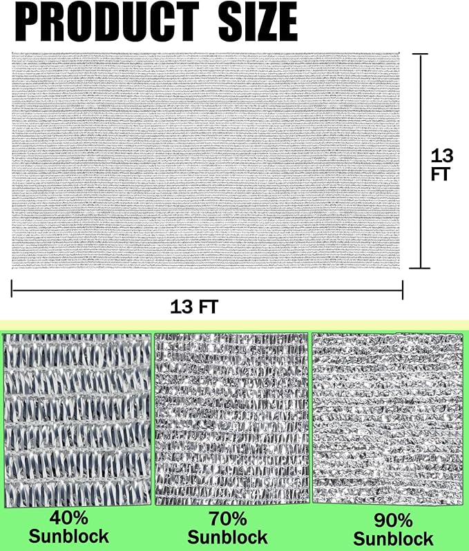90% Aluminum Foil Shade Cloth Mesh No Grommets Silver Tarps Fabric Privacy Screen Pet Shade Car Cover Patio Garden Pergola Cover Canopy, Aluminum Shade Net Without Grommets, 13 FT x 13 FT