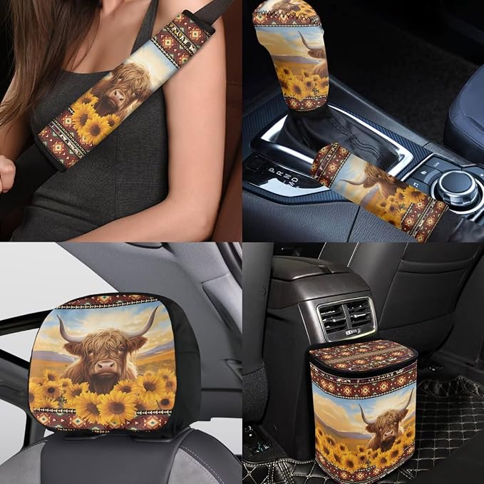 BIGCARJOB Highland Cow Print Seat Covers Full Set - Front & Rear, Sunflower Car Seat Protector Set, Funny Cow Print Headrest Covers, Trash Can