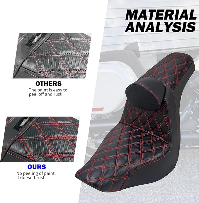 Motorcycle Seat Driver Passenger Seat with Backrests for Harley Low Rider Low Rider S ST 2018-up (Black with red stitching)