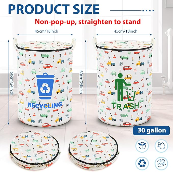 Jingmore 2 Pcs 30 Gallon Collapsible Trash Can, Waterproof Portable Camping Garbage Can with Zippered Lid, Reusable for Rv Laundry Hamper, Camping, Recycling, Yard Waste, Leaf Bag Toy Bin