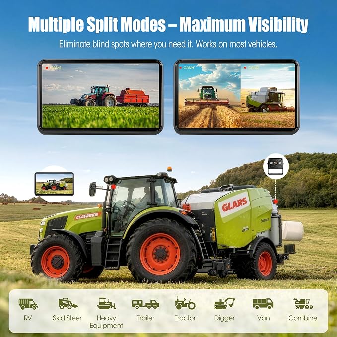 Wired Backup Camera System, 7.03" DVR IPS Touchscreen with AHD IP69K Water/Dust Proof Rear Camera for Skid Steer, Vibration-Proof 20G for Hitching, Tractor, Truck, Heavy Equipment, AYT103