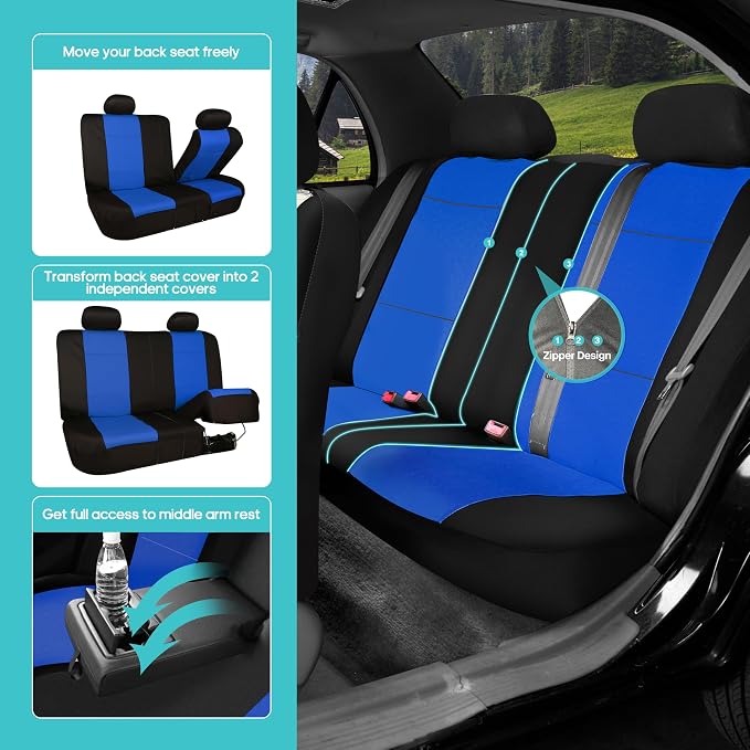 FH Group Waterproof Neoprene Car Seat Covers Full Set – Universal Fit Front & Split Bench Rear Seat Covers, Airbag Compatible Automotive Seat Protectors for Cars, SUVs & Vans, Blue