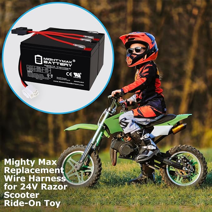 Mighty Max Battery Extended Range Drop in Replacement for 12v Razor Scooter ride on toy 7ah battery kit and harness