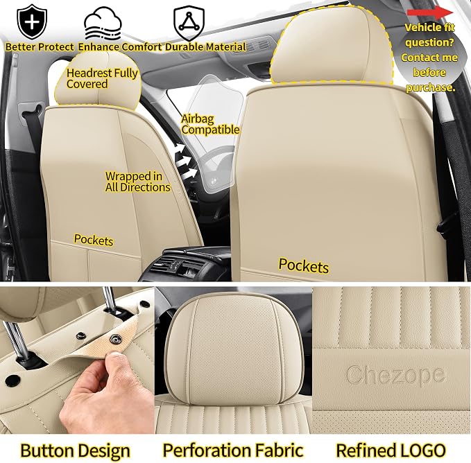 Car Seat Covers Full Set, Beige Leather Seat Covers, Breathable Front and Back Car Seat Protectors, Wear-Resistant Seat Covers Universal Fit for Most Cars SUV Truck (Beige-Stripes-A, Full Set)