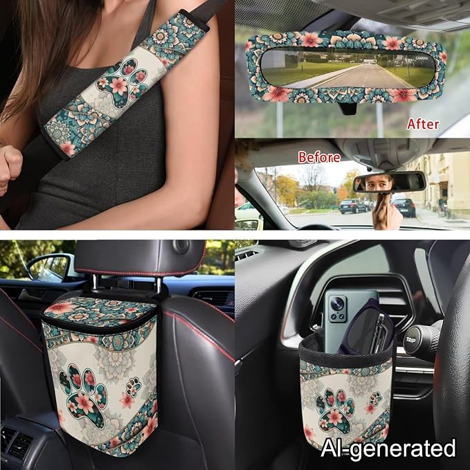 Dreaweet Dog Paw Car Seat Covers Full Set for Women Boho Car Accessories Steering Wheel Cover Seat Belt Pads Coasters Trash Bag Vent Storage Pouch Rear View Mirror Cover Keychain Universal Fit