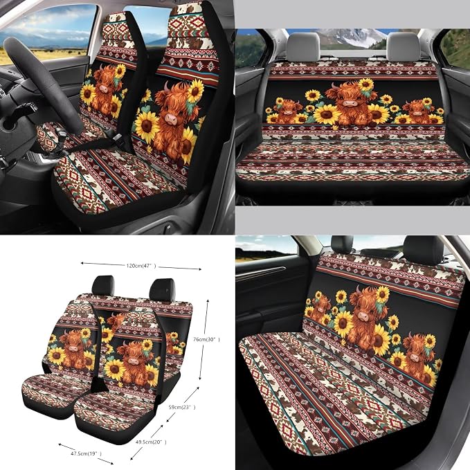 Aztec Highland Cattle Sunflower 15 PCS Car Seat Cover Full Set, with Steering Wheel Cover Seat Belt Strap Trash Cans Rear View Mirror Cover Coaster Air Vent Storage Bag Universal Fit