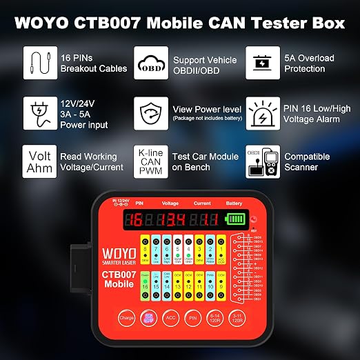ECU Circuit Board Testing Tool on Bench, WOYO CTB007 Mobile with Built-in Resistor, OBD2 Diagnostic Tool, Digital Voltage of 16 PINs, Automotive CAN Tester Box, Support DC and Battery Power