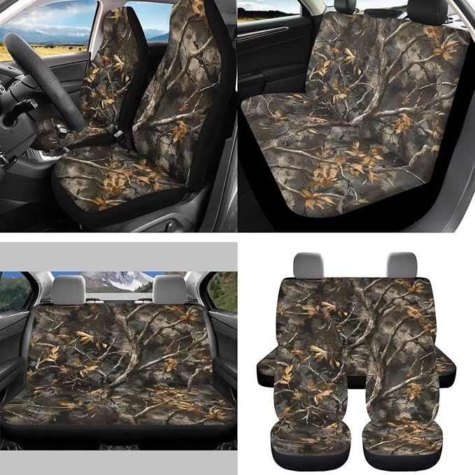 Camo Maple Leaf Car Seat Covers Front Rear Full Set with Steering Wheel Rearview Mirror Cover Seat Belt Pads Coasters Trash Bin Coasters Key Ring, 15 PCS
