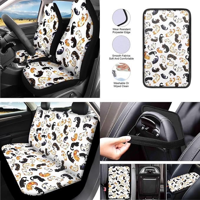 Cartoon Cat 13 Pcs Seat Covers Full Set Front and Back Seat Covers Cute Cat Lover Steering Wheel Cover Seatbelt Strap Cover Cup Mat Keychains…
