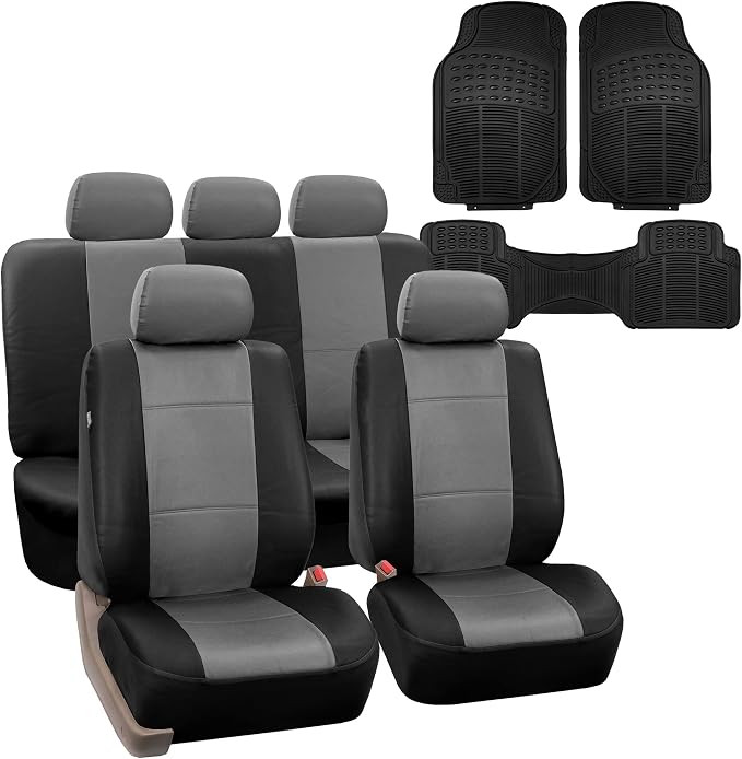 FH Group Car Seat Cover Airbag Compatible Full Set Gray Black Premium PU Leather - Split Bench Combo Vinyl Floor Mats Seat Covers Interior Accessories Universal Fit for Cars Trucks SUV