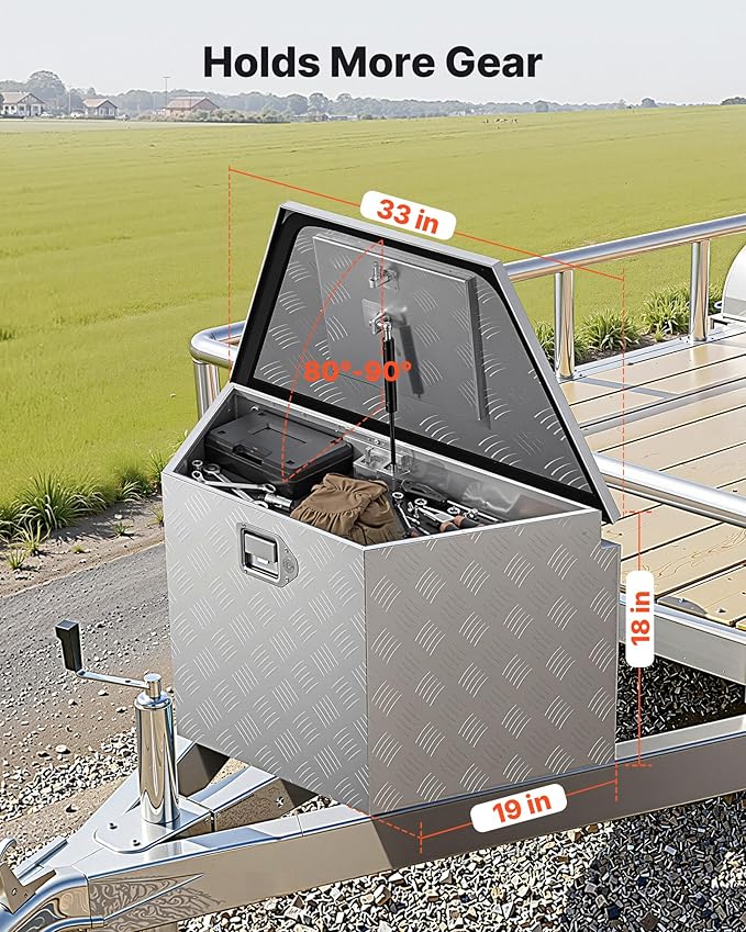 VEVOR Trailer Tongue Box, Heavy Duty Trailer Tongue Tool Box Storage Organizer with Lock & Keys, Utility Tool Chest for Pickup Truck Bed, RV, SUV, Off-Road Vehicle, Aluminum, 33" x 19" x 18", Silver