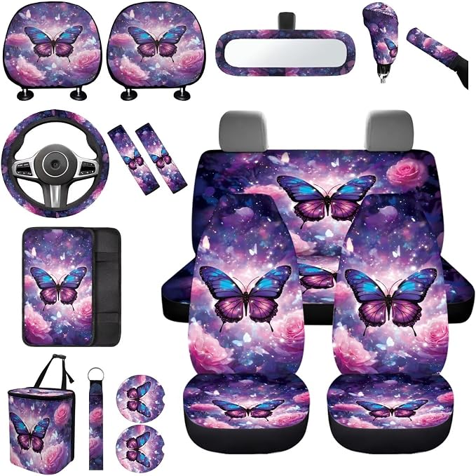 Butterfly Car Seat Covers Full Sets of 17 Pack,Butterfly Car Aaccessories with Auto Trash Garbage Bag,Roses Car Seat Head Rest Protector Universal Automotive Interior Decoration