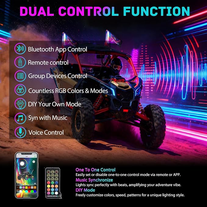 Nilight LED Whip Light 2 PC 2FT COB RGB Spiral Lighted Antenna with Spring Base, Bluetooth App & Remote Control DIY Chasing Patterns & Music Sync Safety Whips for ATV UTV RZR Polaris Can-Am Truck