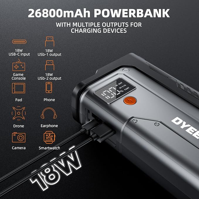 7000A Jump Starter, 12V Car Battery Booster Pack(All Gas/12.0L Diesel)，Car Starter Smart Jumper Cables with USB Fast Charging Power Bank, 800LM Flashlight