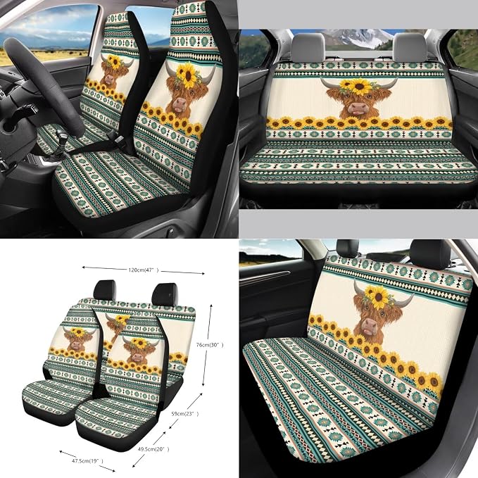 Wanyint Car Seat Cover Set 15 PCS, with Steering Wheel Seat Belt Strap Rear View Mirror Cover Trash Can Cup Coaster Keychain Air Vent Storage Bag Universal Fit, Aztec Highland Cow Sunflower Blue