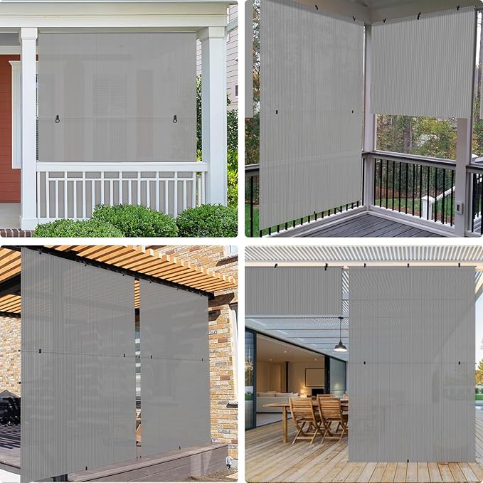 E&K Sunrise 5'W x 12'H Outdoor Roller Shades Patio Cordless Roll Up Blinds Foldable Sun Shade UV Block Exterior Sun Screen for Outside Porch Backyard Deck Pergola (Gray)
