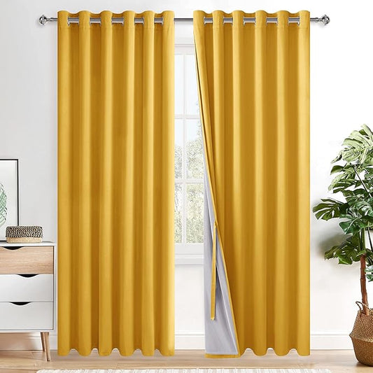 XWZO 100% Blackout Curtains 84 Inches Long with Tiebacks- Completely Shaded & Energy Saving Long Window Panels with Black Liner for Living Room/Bedroom, Yellow, W70 x L84, Set of 2