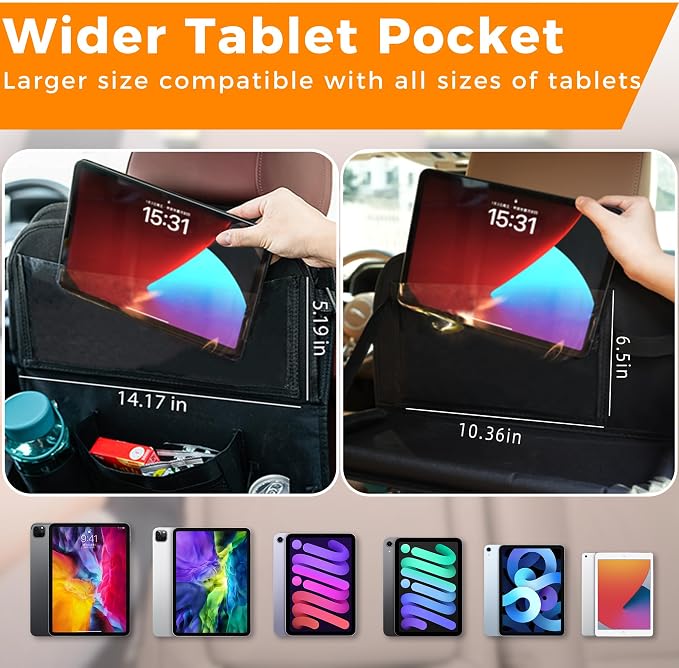 Backseat Car Organizer with Tray, 9 Storage Pockets Back Seat Protector with Foldable Tablet Holder, Waterproof Back of Seat Kick Mats for Kids Adult, Travel Accessories 2 Pack, Gray